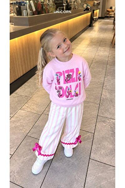 mirkidsclub Kız Çocuk Pembe Çiçek Baskılı Sweatshirt Çizgili Fiyonklu Pantolo...