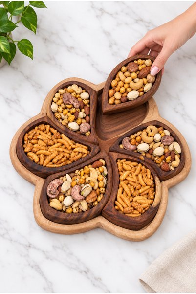 Elephant Wooden Nut Dish Star Shape 6 Separate Compartments Diameter 35 cm -