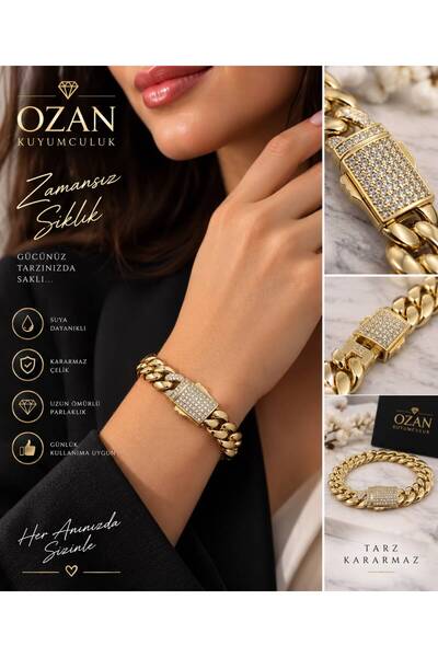 Gold Renk Çelik Kadın Bileklik – Kalın Gurmet Zincir – Zirkon Taşlı Kilit – Şık Tasarım