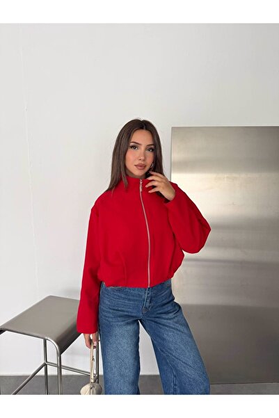 Ekim Store Düz Fermuarlı Bomber Crop Trenç Ceket