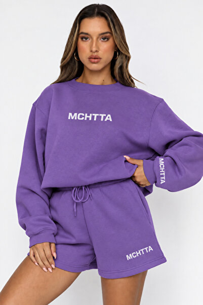 Machetta Women's Mchtta Printed Crew Neck Sweat-Shorts 2-Piece Set
