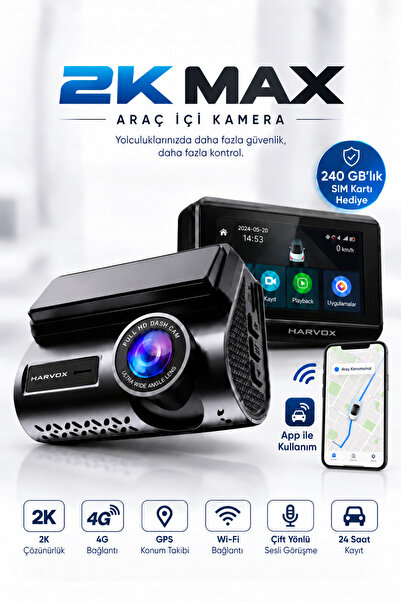 Omaze 2K Araç İçi Kamera 4G SIM Kart Destekli GPS Konum Takipli Wi-Fi App Kontrollü Çift Yönlü Ses 24 Saat Kayıt 240 GB SIM Kart Hediyeli