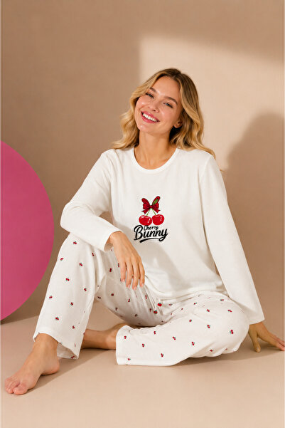 ELİTOL Waffle Knitted Long Sleeve Round Neck Embroidery Detailed Women's Paja...