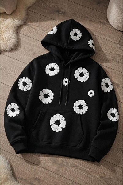 Ryam Mooda Unisex Oversize 3D Puff Fluffy Floral Φούτερ με στάμπα και κουκούλ...