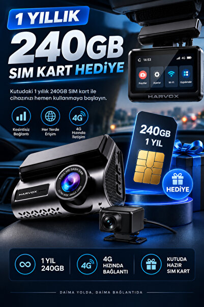 Omaze 2K Araç İçi Kamera 4G SIM Kart Destekli GPS Konum Takipli Wi-Fi App Kontrollü Çift Yönlü Ses 24 Saat Kayıt 240 GB SIM Kart Hediyeli