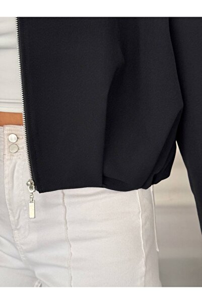 Ekim Store Düz Fermuarlı Bomber Crop Trenç Ceket