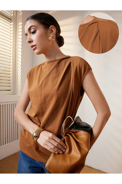 Take Two By Styli Sleeveless Brown Blouse With Pleated Detail