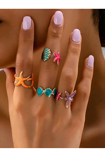 Take Two By Styli Multi-Colored Starfish And Seashell Rings Set