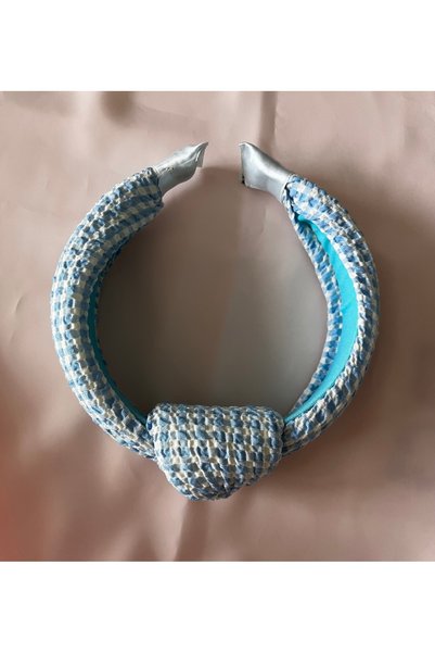 MOJOMIX Handmade Blue and White Color Plaid/Checkered Fiber Filled Knot Detailed Fabric Crown Buckle