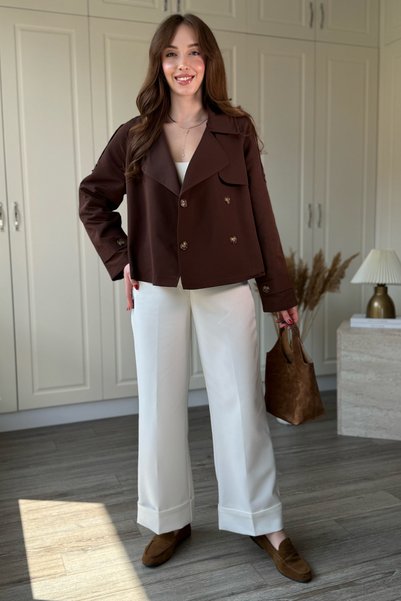 Dilay Gökoğlu Butik Short Brown Trench Coat with Buttons and Belt