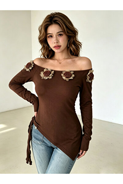 Take Two By Styli Brown Off-Shoulder Long Sleeve Top With Floral Applique