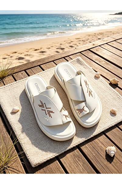 Almajeed Store Men Saudi Traditional Embroidered Slide Sandals, Brown PU Leat...