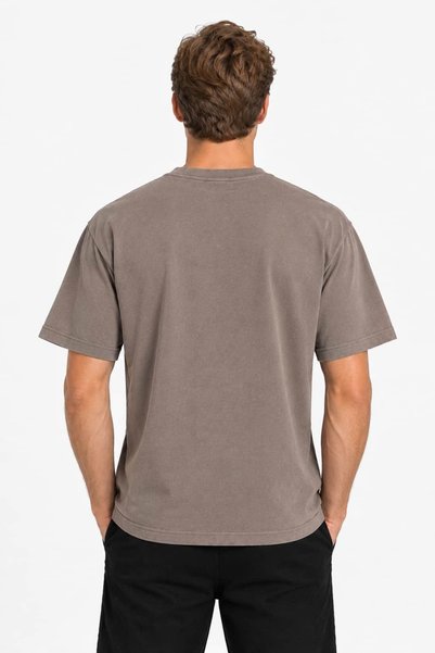 Vasto Moda Erkek Oversize Kalın Dokulu %100 Organik Pamuk Bisiklet Ribana Yakalı Kahverengi T-Shirt