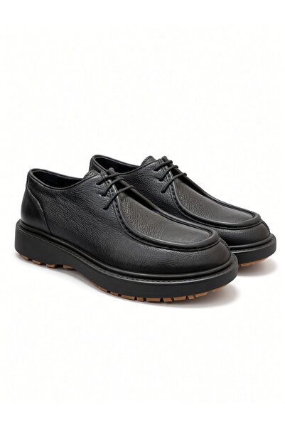 Kemal Aygün -Marcomen Men's Black Grained Leather Moc-Toe Casual Shoes Lace-U...
