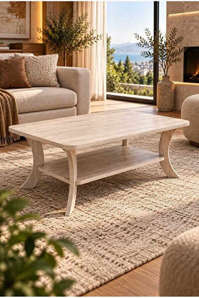 menalART Ağaç Tasarım Orta Sehpa Traverten Dikdörtgen 90 cm Genişlik - 55 cm En - MDF Ayak 46 cm Yükseklik Modern Orta Sehpa