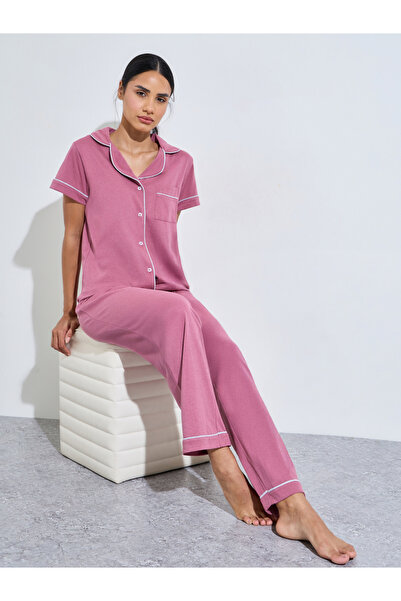 Styli Pink Contrast Trims Short Sleeves Shirt And Wide Leg Pants Pyjama Set