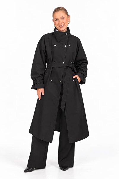 Serpirella Butik High Collar Belted Long Trench Coat with Snap Fasteners