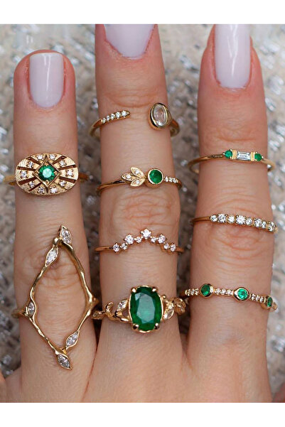 Take Two By Styli Gold Set Of 9 Embellished Ring