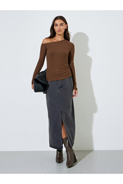Styli Brown Asymmetric Neck Knit Top