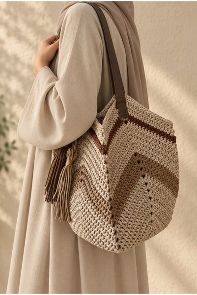 Elephant شنطة كروشيه يدوية روزي بيج وبني بحزام جلد - Rosie Crochet Bag Beige Brown