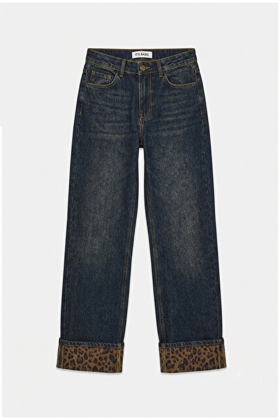 it's basic Kadın Kot Rengi 2w6-8 Straight Turn Up Paça Leopar Detaylı Tasarım Denim Jean