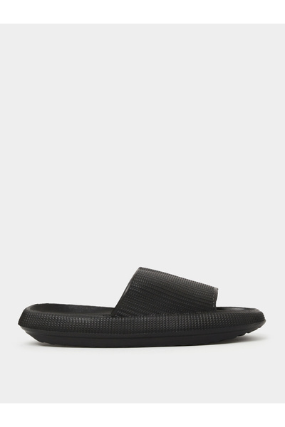 Take Two By Styli Black Textured Open Toe Slides