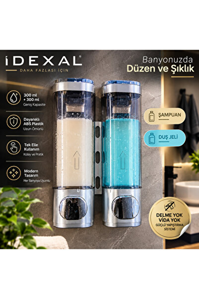 İDEXAL 2x300 ML Yapışkanlı Duvara Monte Şampuan ve Duş Jeli Dispenseri Çift Hazneli