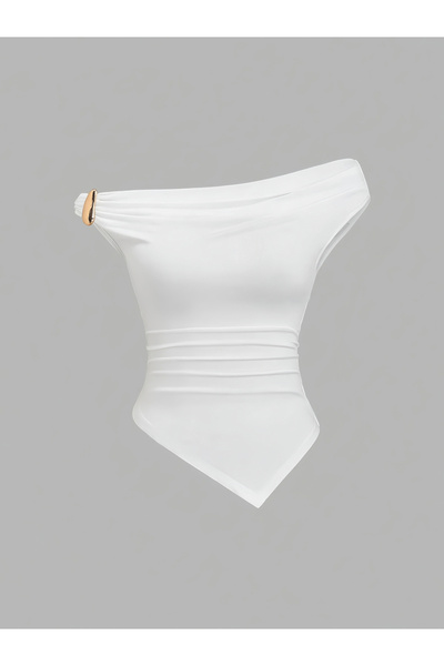 Take Two By Styli White Sleeveless One-Shoulder Top With Metallic Detail