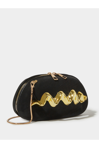 Styli حقيبة يد أكريليك سوداء بسحاب إغلاق وتفاصيل ذهبية اللون