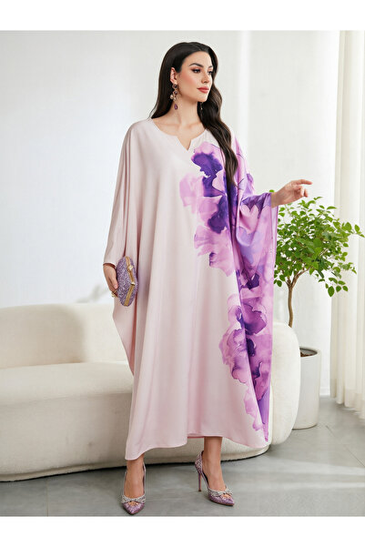 Take Two By Styli Pink Print Floral Batwing Sleeves Kaftan