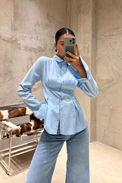 OYKU FASHION Pileli Belden Oturtmalı Gömlek Mavi