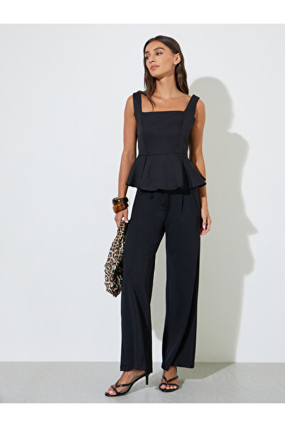 Styli Black Solid Ruffle Details Sleeveless Peplum Blouse