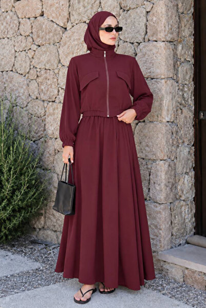 Neva Style Zippered Plum Modal Hijab Skirt Set 1366Mu