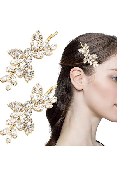 Tazweeq Gold Hair Clips, 2-Piece Wedding Hair Pins, Gold Rhinestone Leaf Desi...