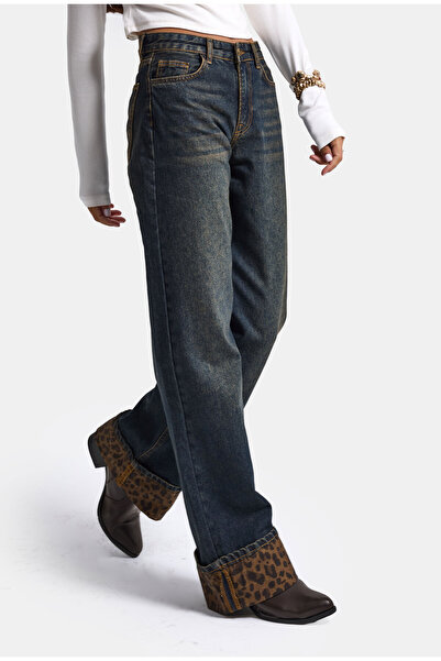 it's basic Kadın Kot Rengi 2w6-8 Straight Turn Up Paça Leopar Detaylı Tasarım Denim Jean