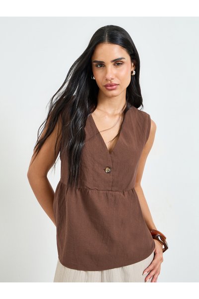 Take Two By Styli Brown Sleeveless Peplum Blouse
