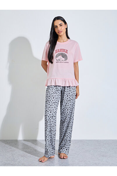 Styli Graphic Print Ruffle Detail T-Shirt And All Over Print Straight Leg Pan...