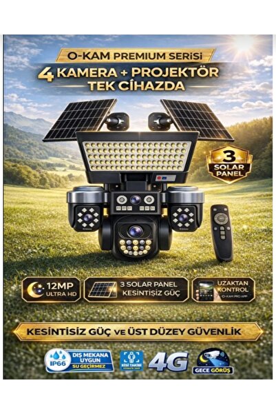 r-market Okam PROJEKTÖRLÜ 4G SİM KARTLI SOLAR KAMERA 4 KAMERA GECE GÖRÜŞ GÜNE...