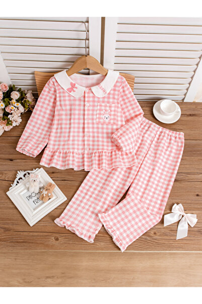 Take Two By Styli Girls Multi-Color Gingham Bunny Embroidered Long Sleeve Pyj...