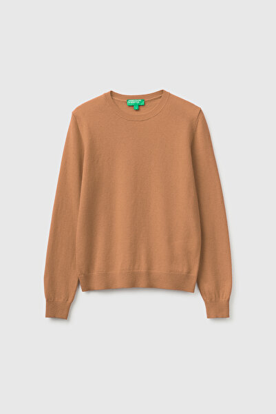 United Colors of Benetton Women's Tan 100% Merino Crew Neck Sweater