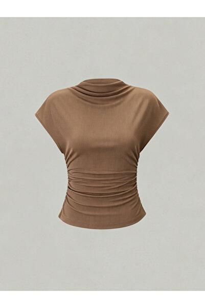 Take Two By Styli Khaki Ribbed Ruched Short Sleeve Top