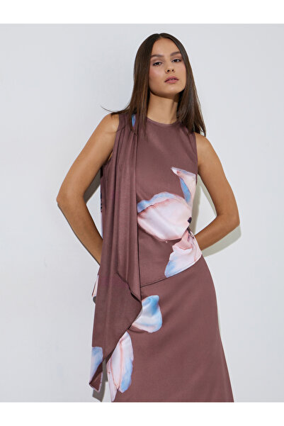 Styli Rust Printed Asymmetric Drape Cowl Neck Knit Top
