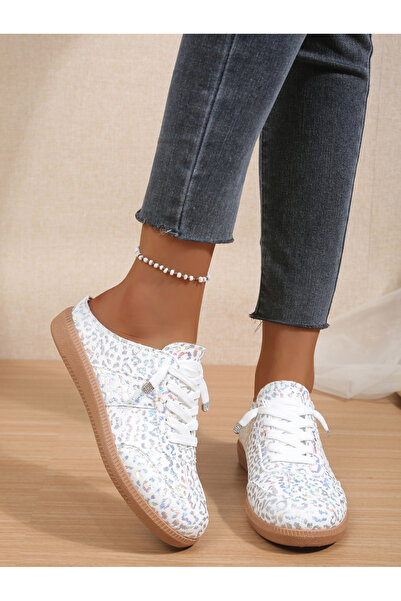 Take Two By Styli Women Silver Leopard Print Sneakers With Laces
