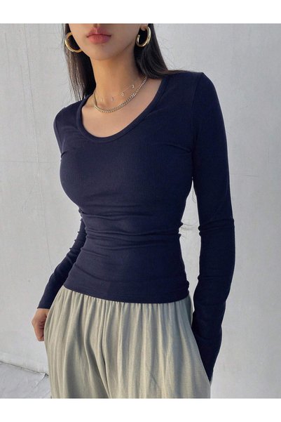 Take Two By Styli Navy Blue Ribbed Long Sleeve Scoop Neck Top