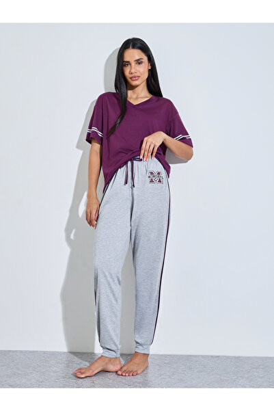Styli Purple V-Neck T-Shirt And Grey Cuffed Hem Pants Pyjama Set