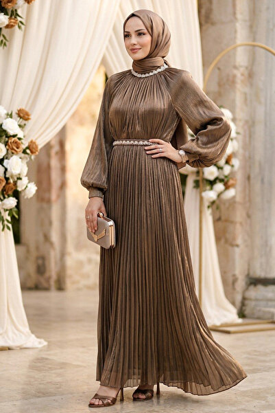 N.S NEVA STYLE Stone Collar Belt Detailed Dark Mink Hijab Evening Dress 5719Kv
