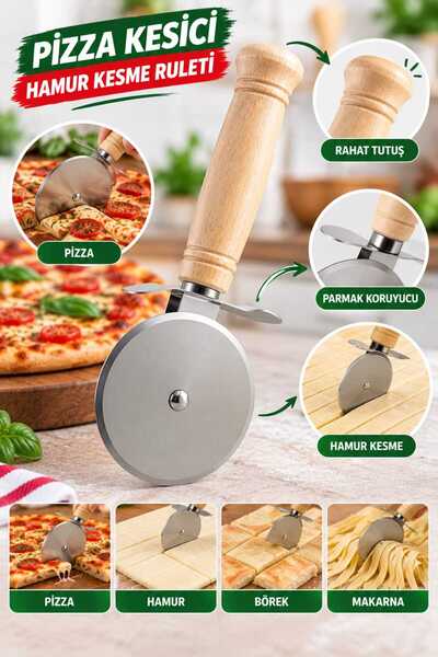 tafce Ahşap Saplı Pizza Kesici, Hamur Kesme Ruleti, Pizza Dilimleyici, Börek ...