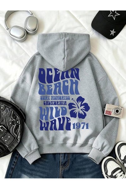 MITHRAS OUTDOORS Unisex Gray Wild Wave Back Printed Hooded Sweatshirt Printed...