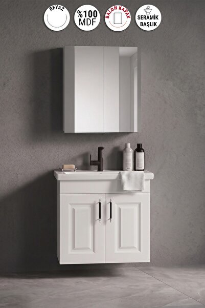 ÖZCEDEN Salkım 55 cm Beyaz Balon MDF Seramik Lavabolu Asma Banyo Dolabı Takımı