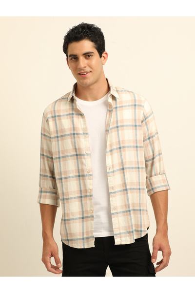 Bushirt By Styli قميص كاجوال مخطط باللونين الكريمي والأزرق